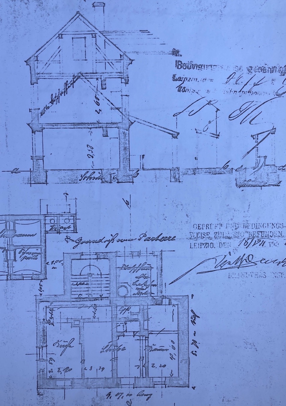 Historischer Grundriss und Aufriss Wohnhaus, Archivkopie 1902